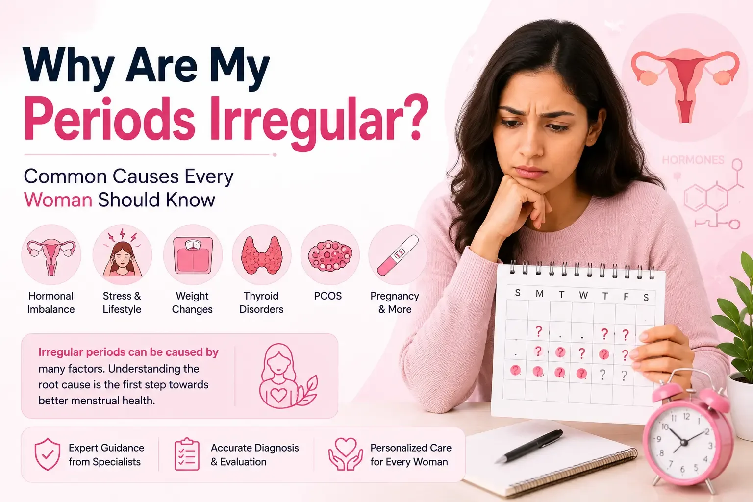 Woman looking at a menstrual calendar explaining common causes of irregular periods including PCOS, hormonal imbalance, stress, thyroid disorders, pregnancy, and weight changes